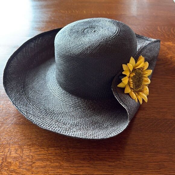 Vintage Black‎ Fine Weave Wide Brim Straw Hat Sunflower Women’s Size Medium main image 7